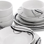 Elama Sarah 24-Piece Porcelain Black Ribbon Double Bowl Dinnerware Set – White & Black | Service for 6