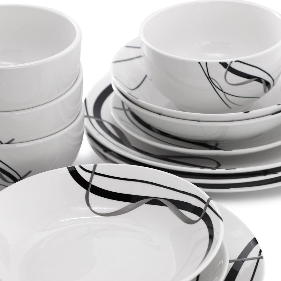 Elama Sarah 24-Piece Porcelain Black Ribbon Double Bowl Dinnerware Set, White & Black, Service for 6