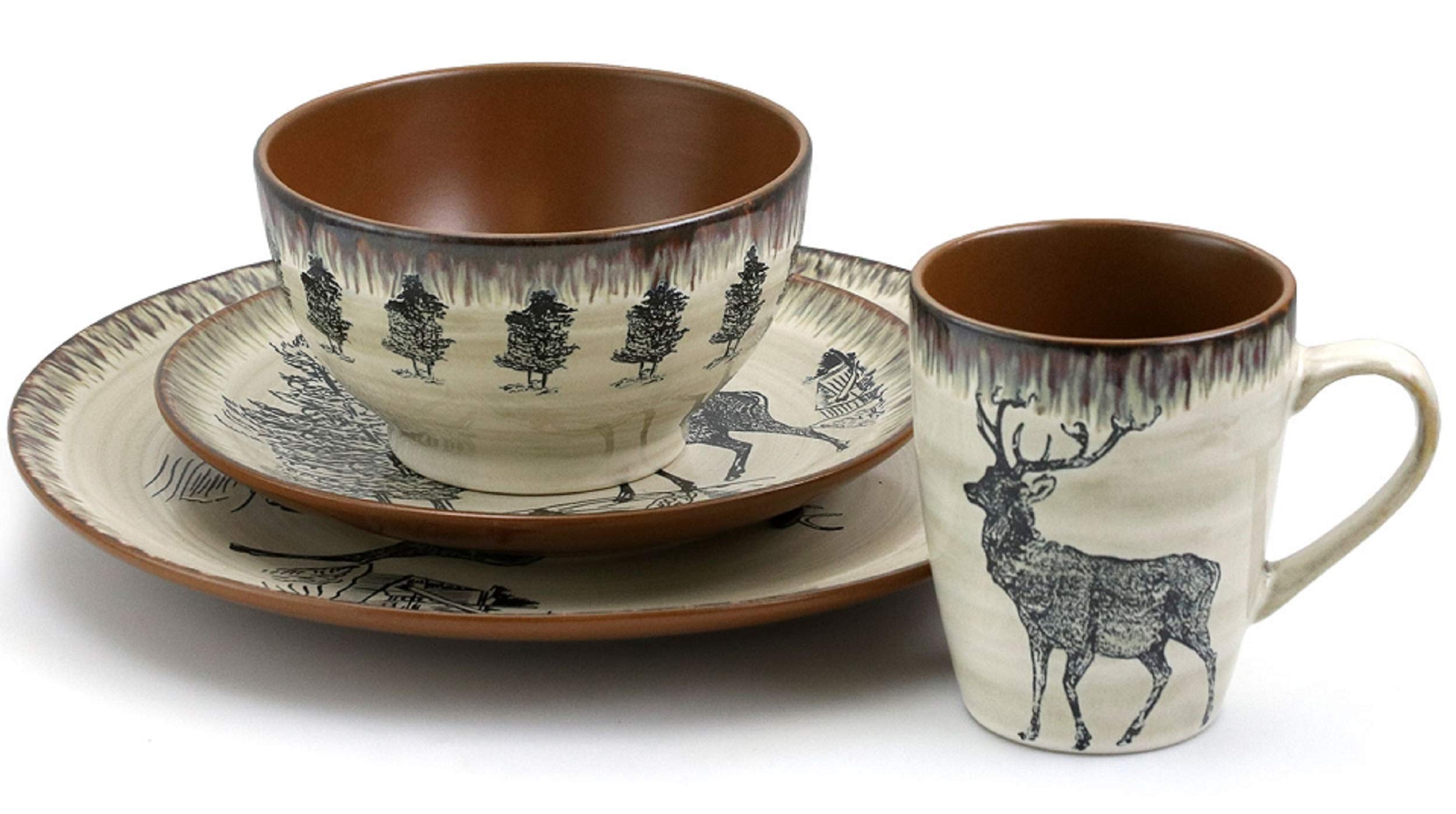 Elama Majestic Elk 16-Piece Round Stoneware Dinnerware Set – Taupe Wildlife Service for 4