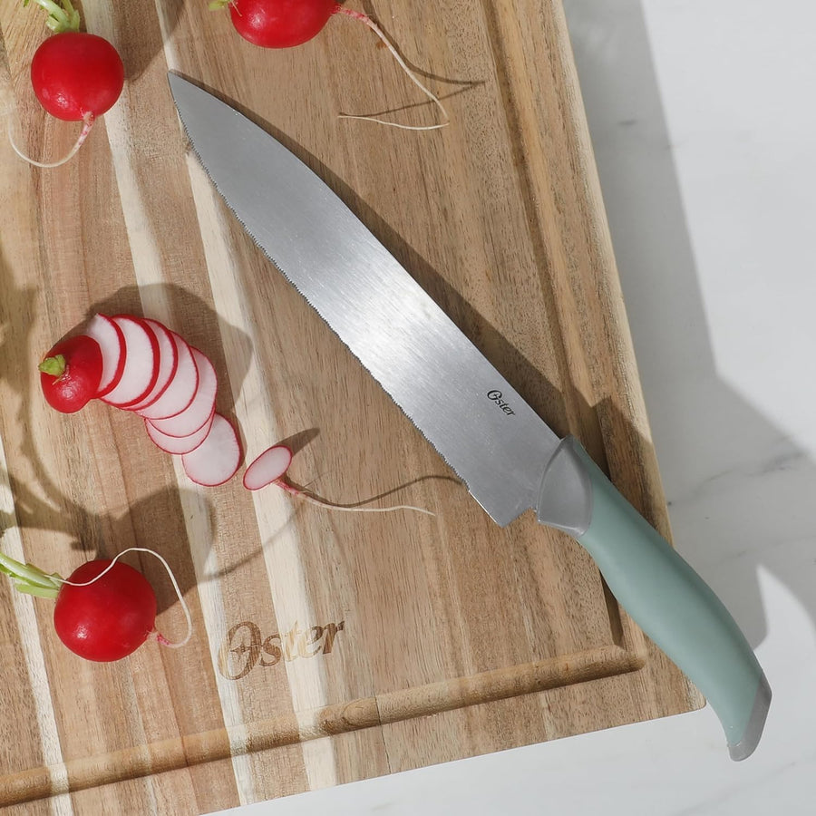 Oster Lindbergh 14-Piece Stainless Steel Knife Block Set – Sage Green Soft-Grip Handles, Black Wood Block, Chef Knife, 6 Steak Knives & Shears