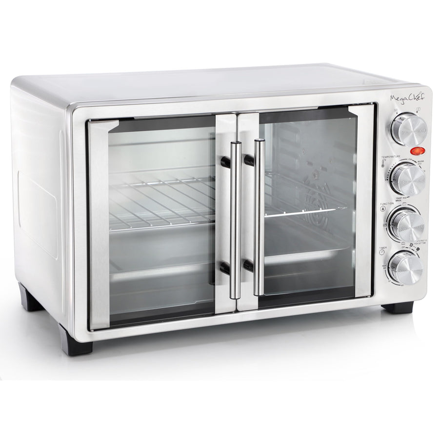 MegaChef 31.7 qt stainless steel French door toaster oven, angled view of glass doors, wire rack and four control knobs
