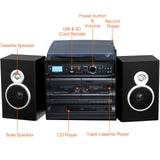 Trexonic 3-Speed Turntable Music Center with CD, Dual Cassette, FM Radio, Bluetooth & USB/SD Recording, Wood Cabinet