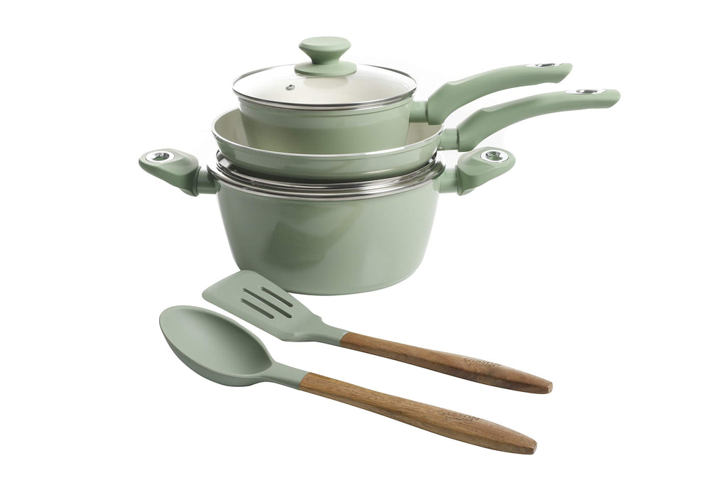 Gibson Home Plaza Café Forged Aluminum Healthy PFA-Free Ceramic Pots and Pans Cookware Set, 7-Piece Set, Mint Green