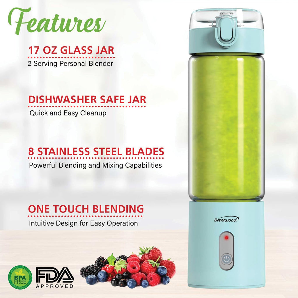 Brentwood RJB-100BL 17oz Portable Rechargeable USB Glass Blender - Blue, 16,000 RPM Cordless Personal Blender with Sports Lid