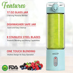 Brentwood RJB-100BL 17oz Portable Rechargeable USB Glass Blender - Blue, 16,000 RPM Cordless Personal Blender with Sports Lid