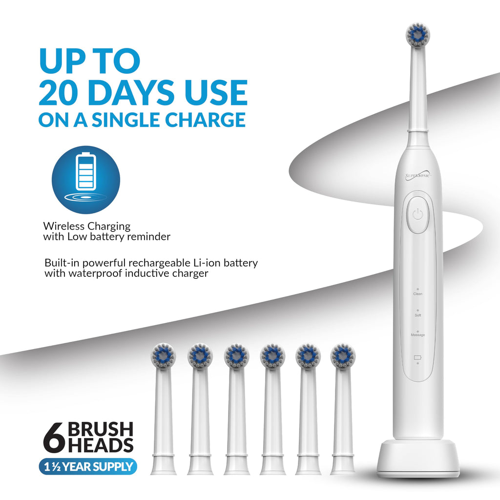 Supersonic Sonic Zoom+ Rechargeable Toothbrush with 6 Brush Heads, White