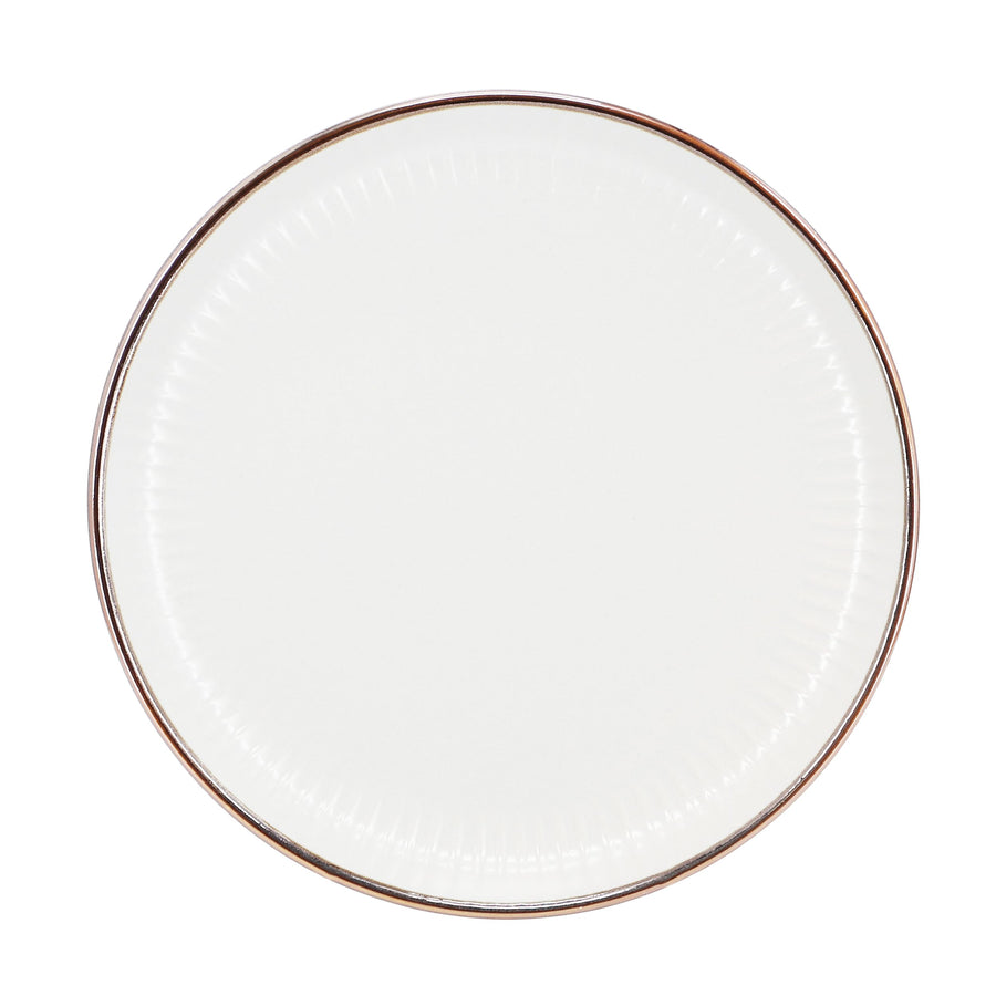 Elama Leo 8.6 inch white stoneware salad plate, top view of the fine lined texture and bronze-tone rim