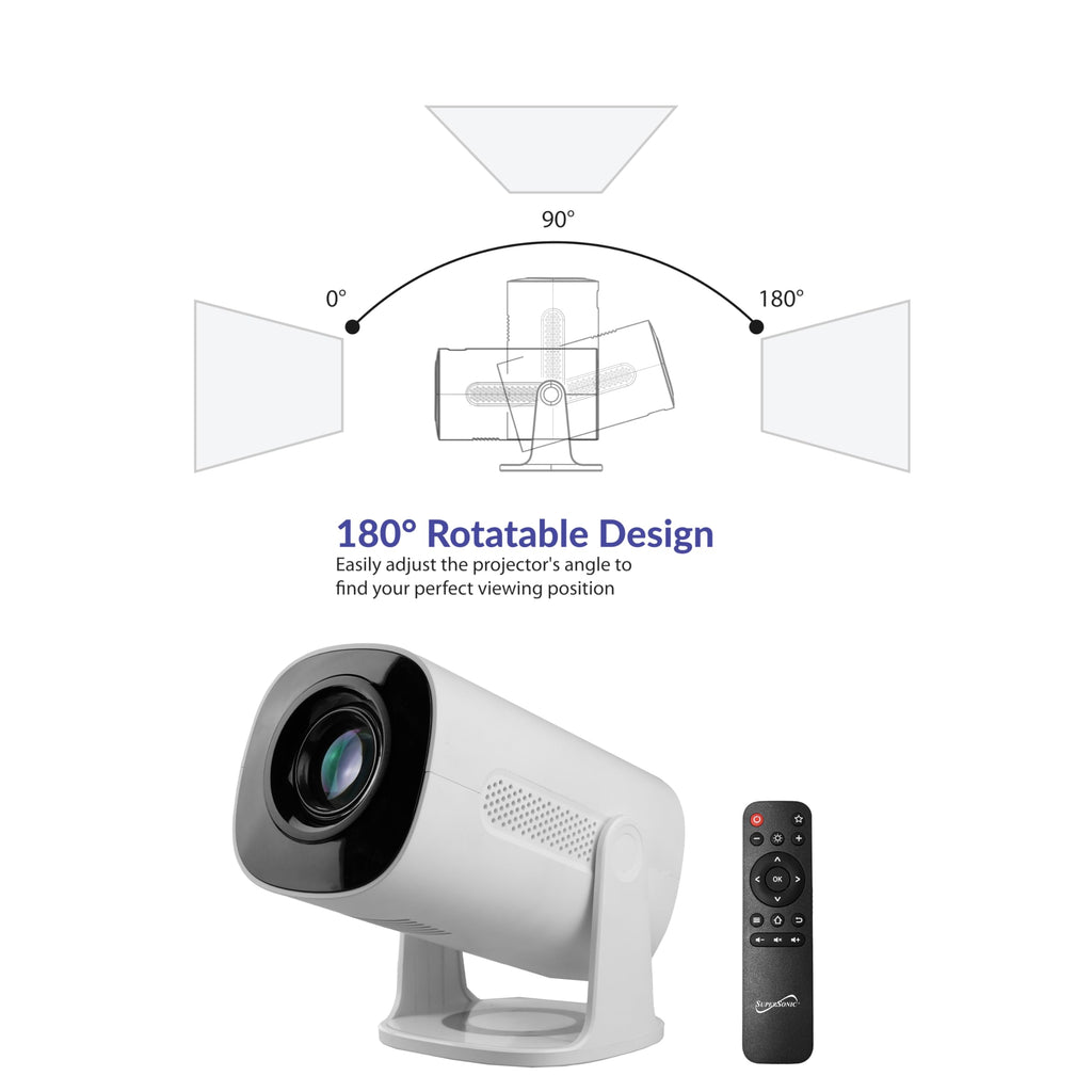 SuperSonic SC-92P Smart WiFi Streaming Projector with Bluetooth 5.3 and Aurora Light Effect - White