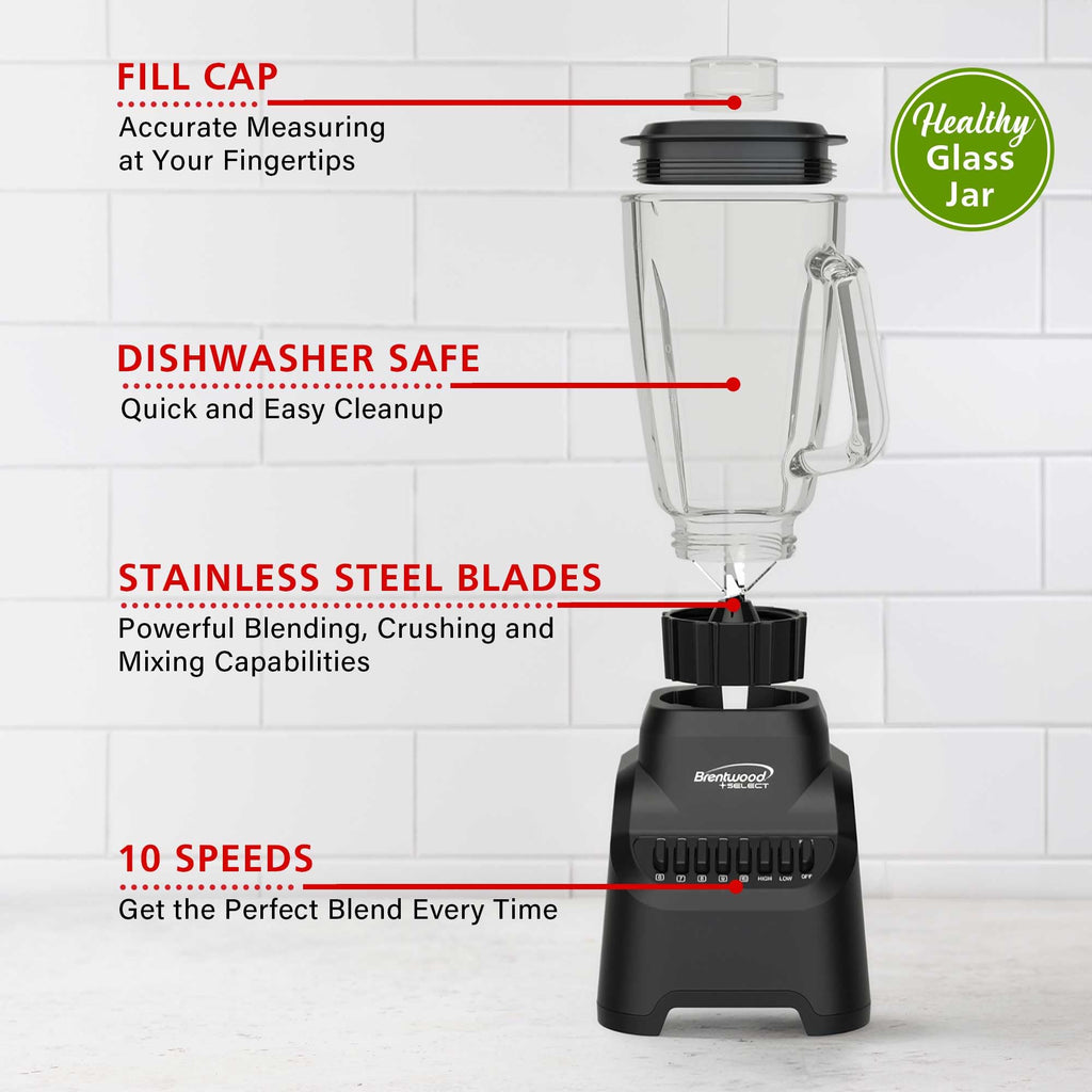 Brentwood Select JBS-500BK 500W 10-Speed Countertop Blender with 42oz Glass Jar, Black - Pulse Button, Dishwasher-Safe Parts
