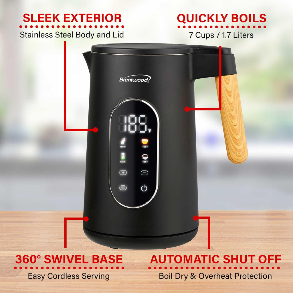 Brentwood KT-2014DBK 1.7L Cordless Digital Electric Kettle - Black, 1100W with 13 Temperature Levels, 4 Presets & 2-Hour Keep Warm