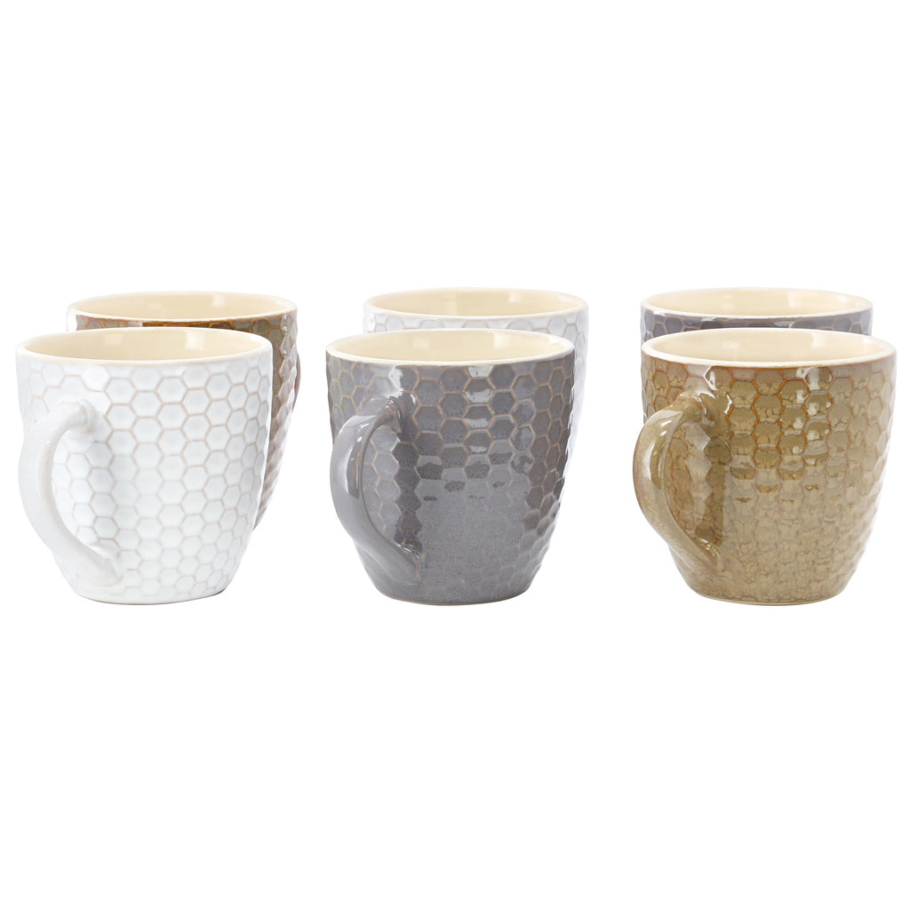 Elama Honeycomb 6-Piece 15 oz Stoneware Mug Set - Assorted White, Purple & Taupe with Embossed Honeycomb Texture