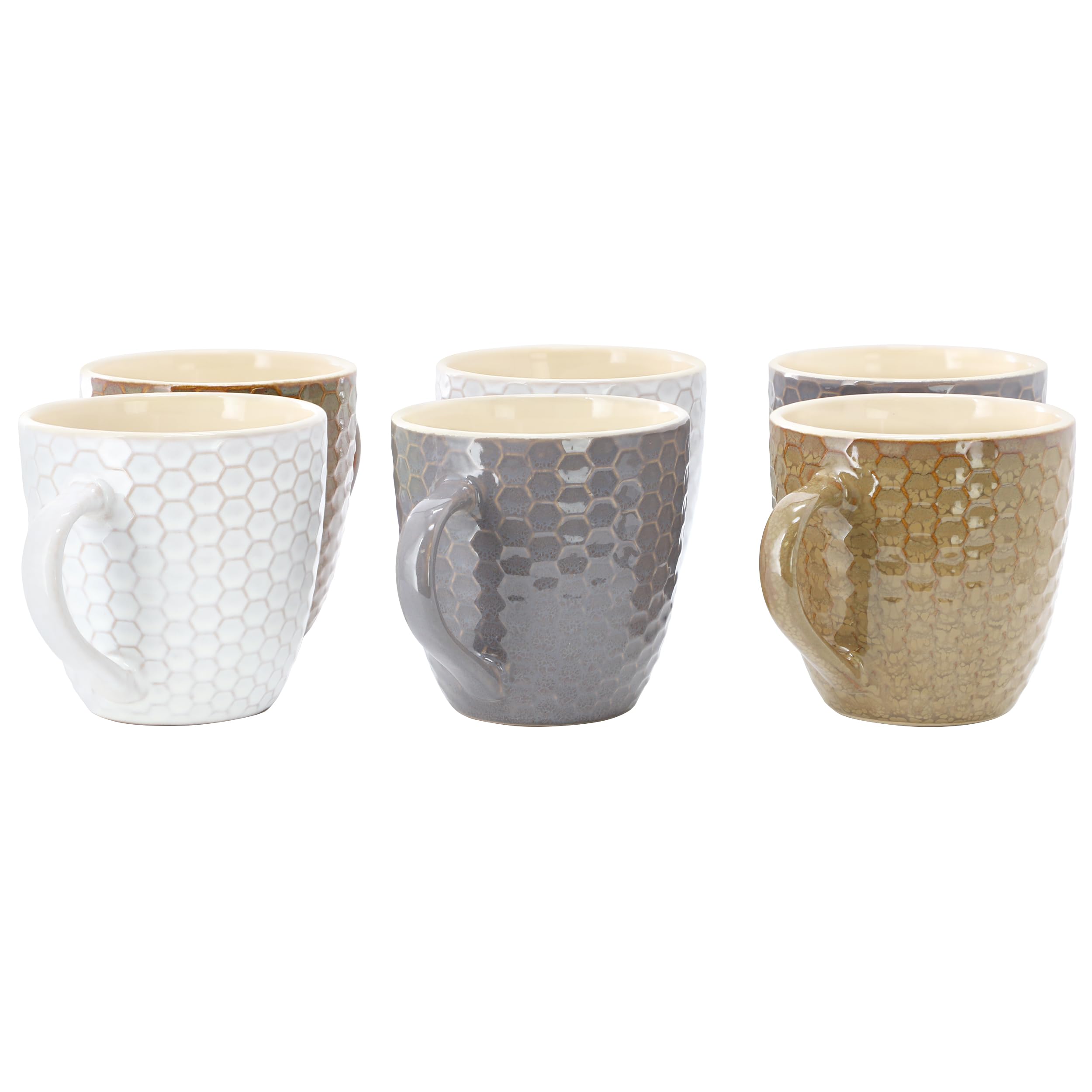 Elama Honeycomb 6-Piece 15 oz Stoneware Mug Set - Assorted White, Purple & Taupe with Embossed Honeycomb Texture