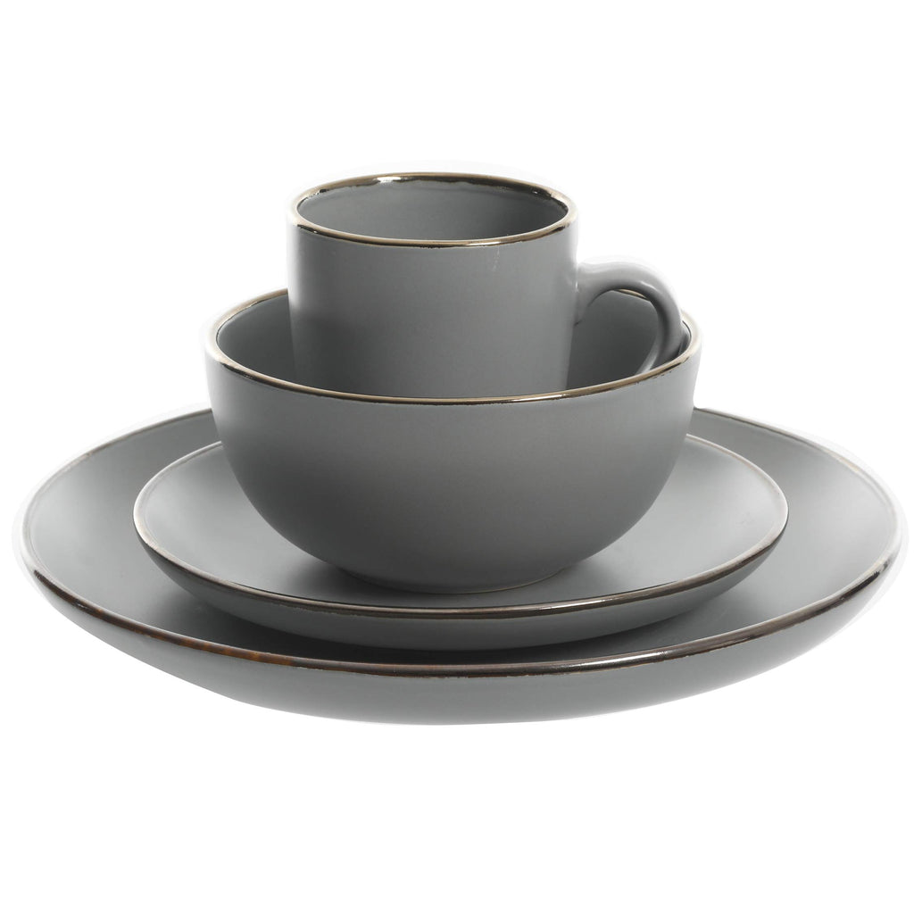 Gibson Home Rockaway 16-Piece Round Stoneware Dinnerware Set — Service for 4 in Grey with Gold Rim, Microwave & Dishwasher Safe Plates and Bowls