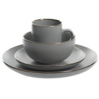 Gibson Home Rockaway 16-Piece Round Stoneware Dinnerware Set — Service for 4 in Grey with Gold Rim, Microwave & Dishwasher Safe Plates and Bowls
