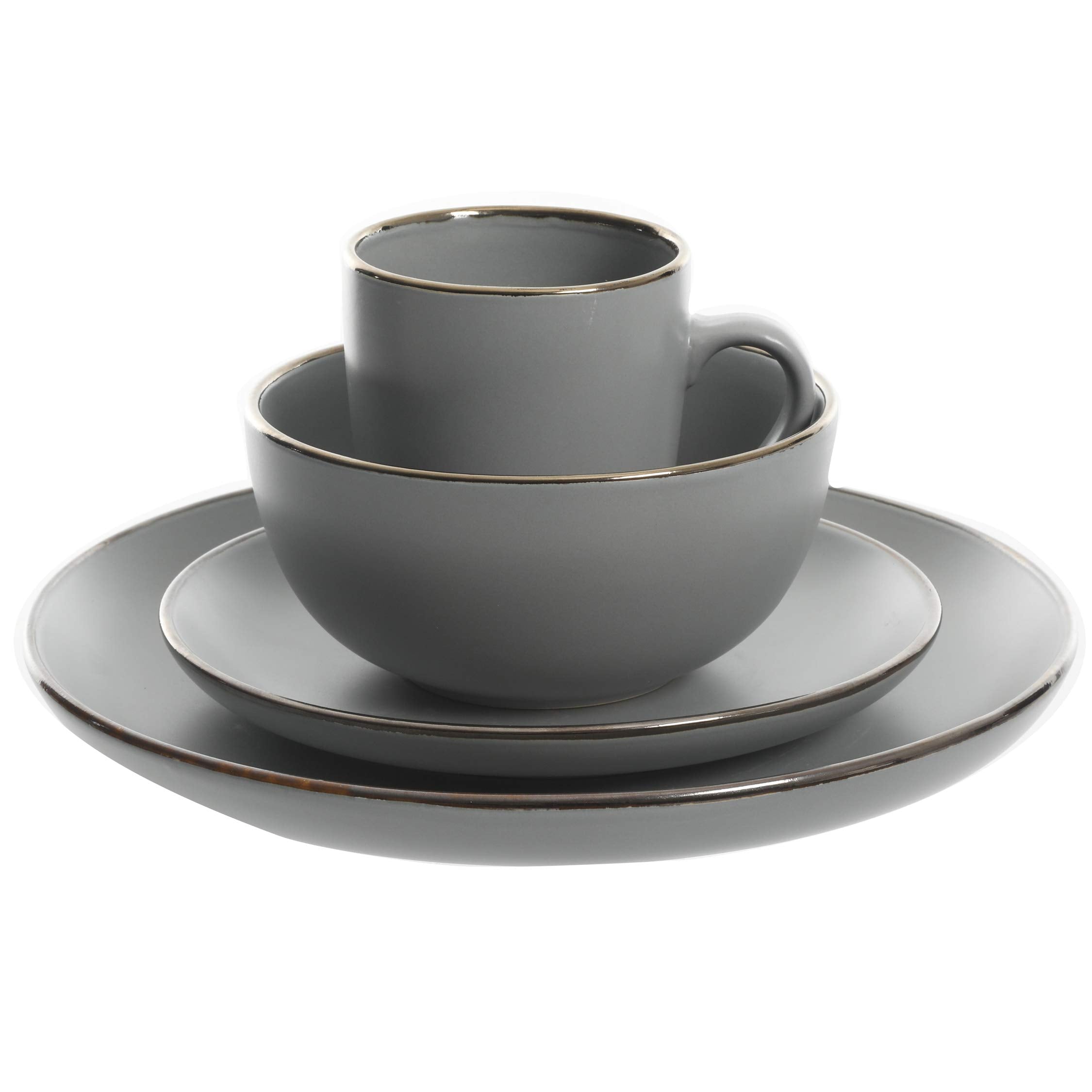 Gibson Home Rockaway 16-Piece Round Stoneware Dinnerware Set — Service for 4 in Grey with Gold Rim, Microwave & Dishwasher Safe Plates and Bowls