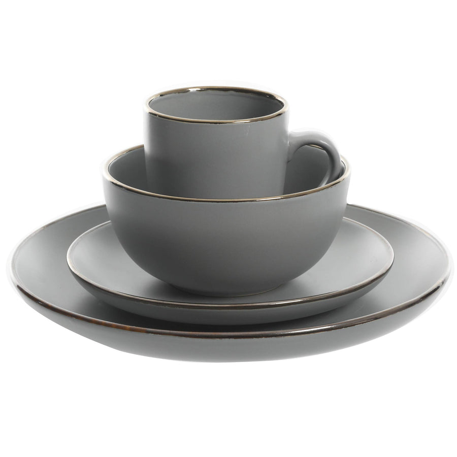 Gibson Home Rockaway 16-Piece Round Stoneware Dinnerware Set, Grey with Gold Rim, Service for 4
