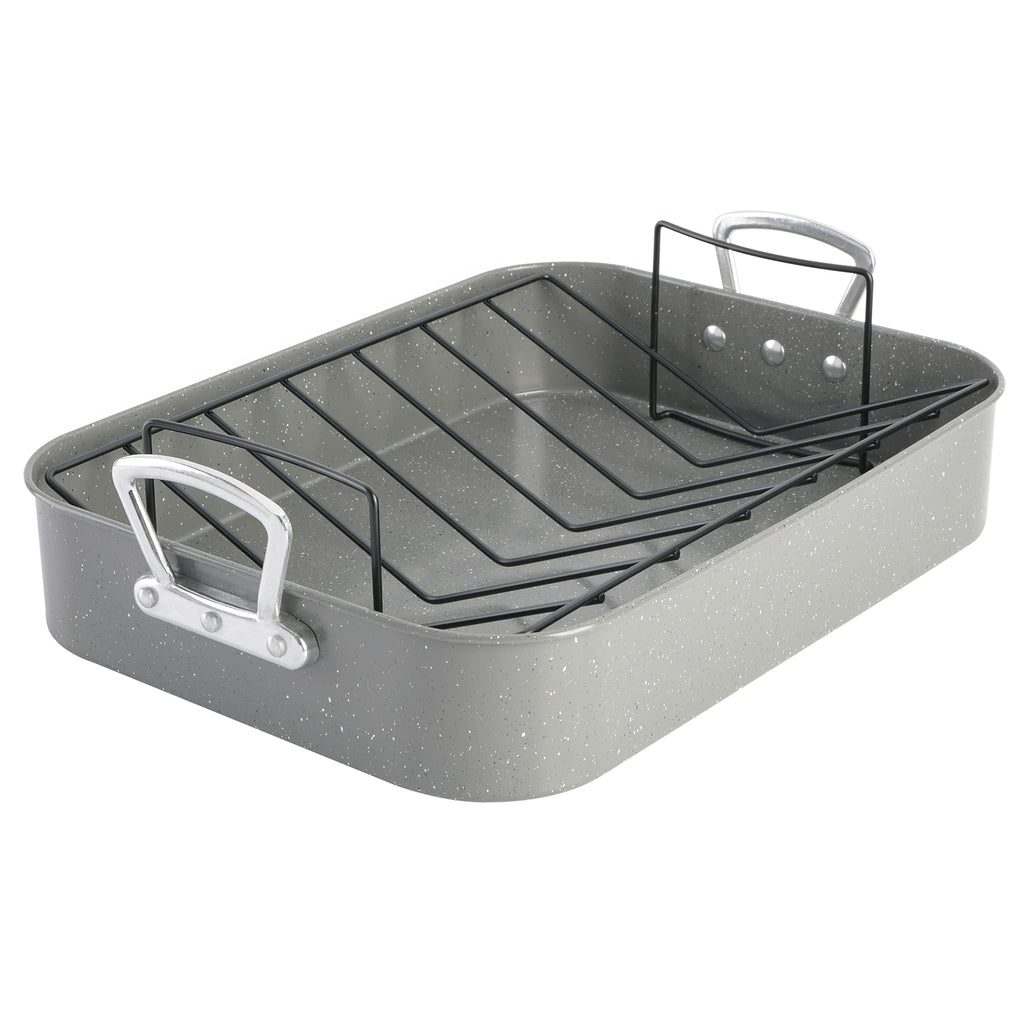 Oster Greystone 2-piece carbon steel turkey roaster pan with stainless steel V-rack, grey speckle non-stick coating, 16.25 x 12.75 inch