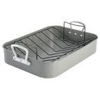 Oster Greystone 2-piece carbon steel turkey roaster pan with stainless steel V-rack, grey speckle non-stick coating, 16.25 x 12.75 inch