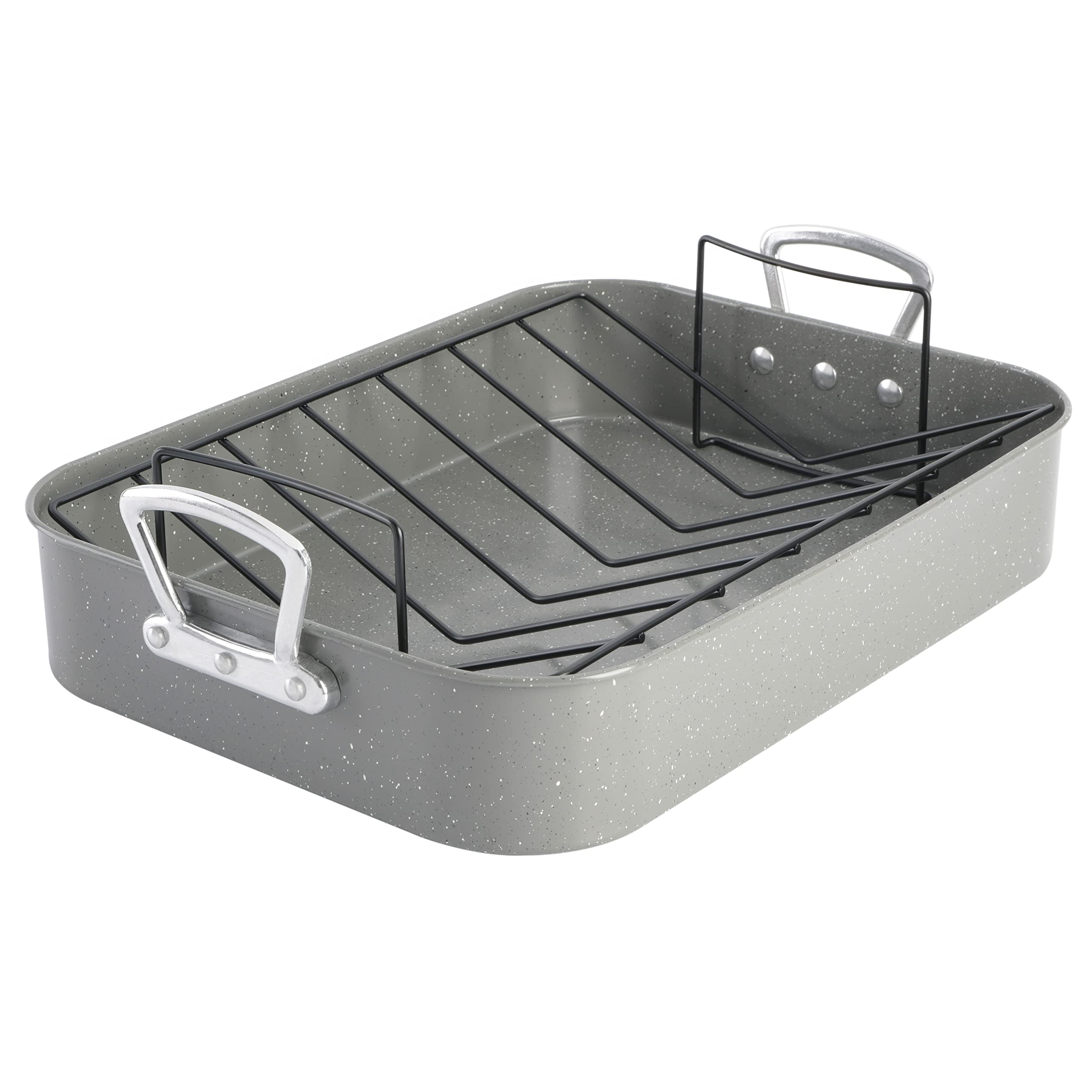 Oster Greystone 2-piece carbon steel turkey roaster pan with stainless steel V-rack, grey speckle non-stick coating, 16.25 x 12.75 inch