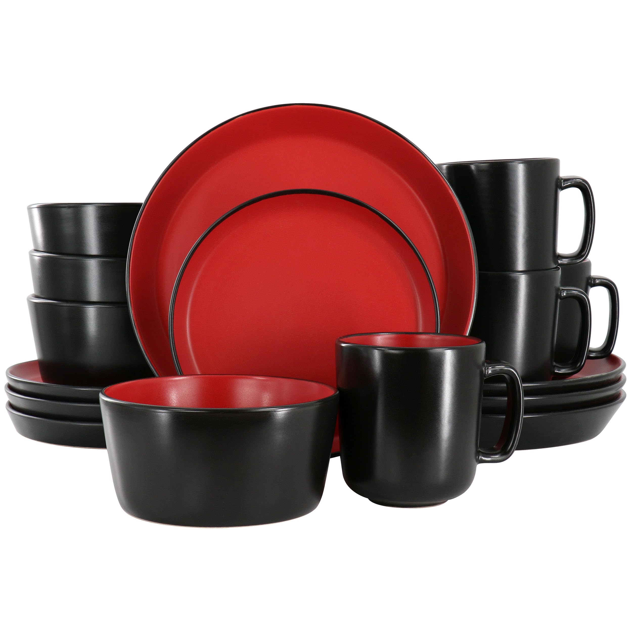 Elama Bacarra 16-Piece Stoneware Dinnerware Set – Two-Tone Matte Black & Red (Service for 4)