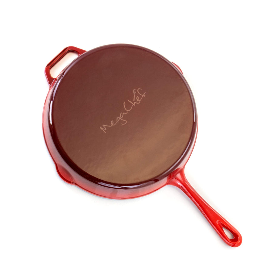 MegaChef MG-FR26AR 10.25 in Enameled Cast Iron Skillet, Gradient Red, Enamel Interior, Dual Pour Spouts, Oven Safe to 450°F