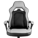 Close-up of the Elama gray and black office chair backrest and seat with the open ventilation cutout and padded arms