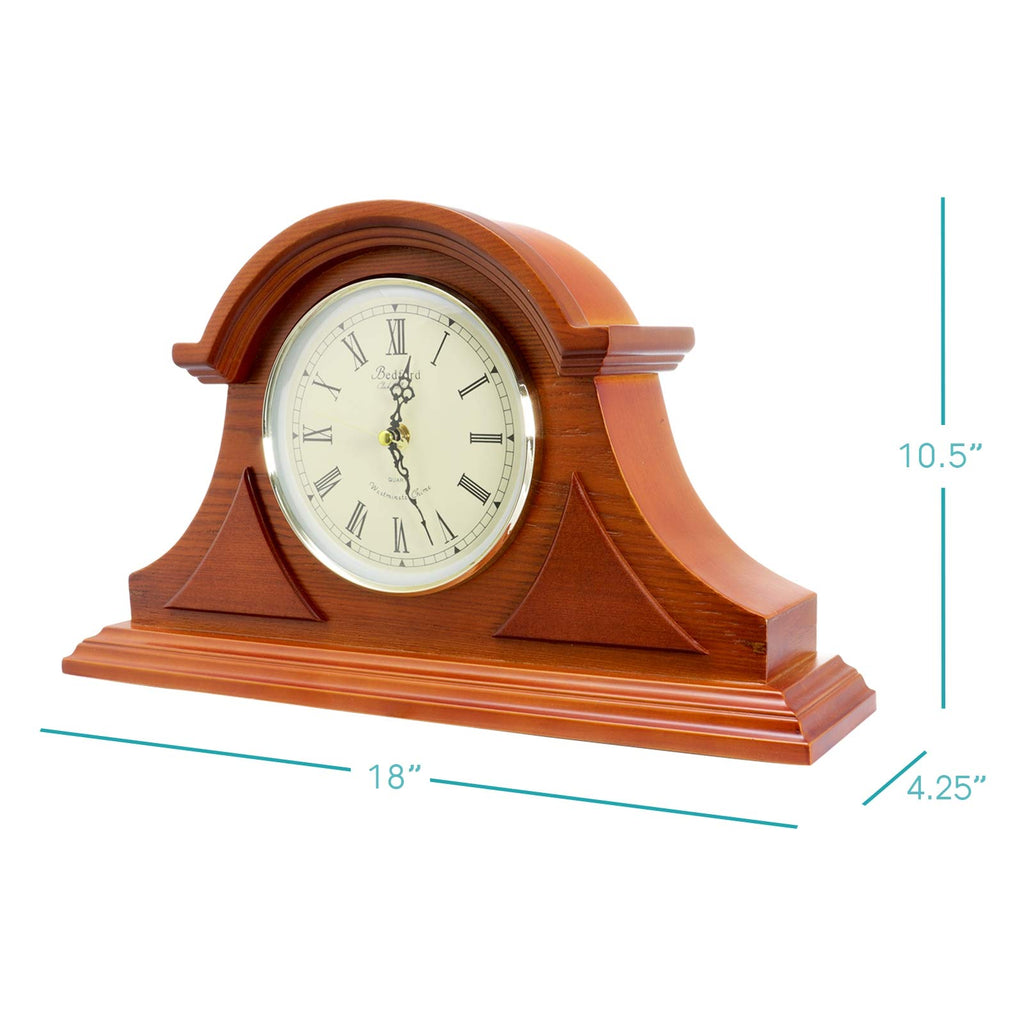 Bedford Clock Collection Mahogany Cherry Mantel Clock with Westminster Chimes – Traditional Quartz Shelf Clock with Roman Numeral Dial