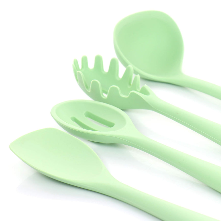 Mint green silicone ladle, pasta server and slotted spoon