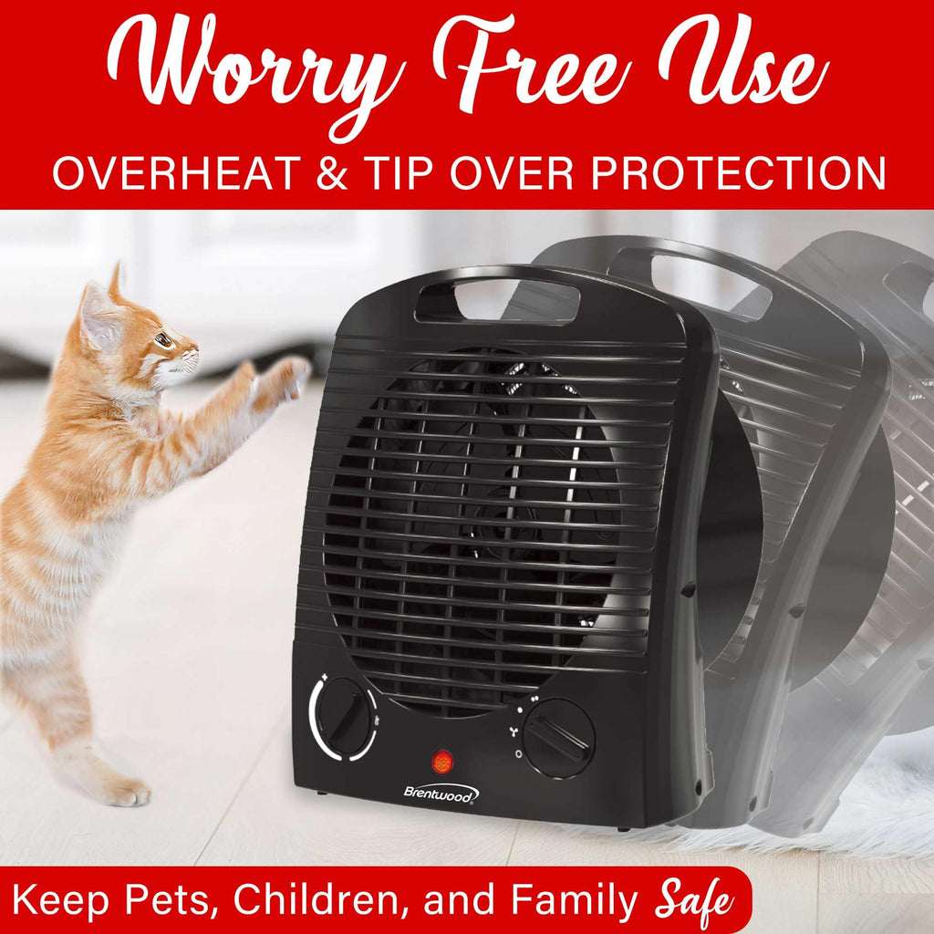 Brentwood H-F306BK 1500W Portable Electric Space Heater and Fan - Black, Adjustable Thermostat with Tip-Over Protection