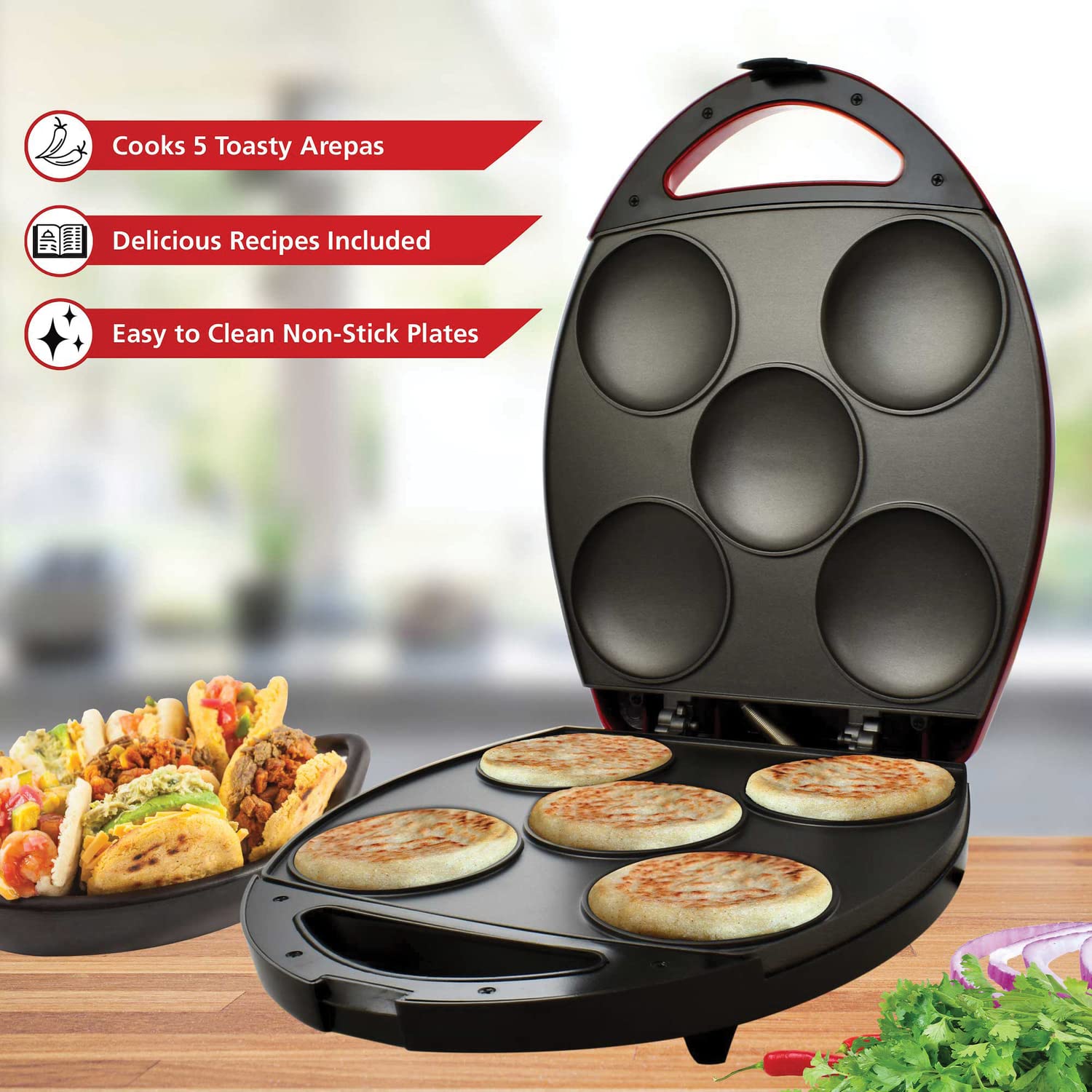 Brentwood 1200W 5-Piece Nonstick Arepa Maker with Adjustable Heat
