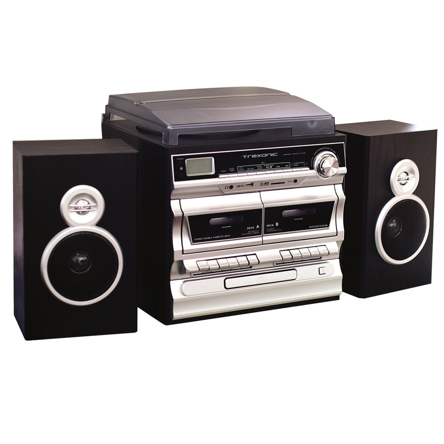 3-Speed Vinyl Record Player Stereo System with CD, Double Cassette, Bluetooth, FM Radio & USB/SD Recording, Trexonic TRX-11BS