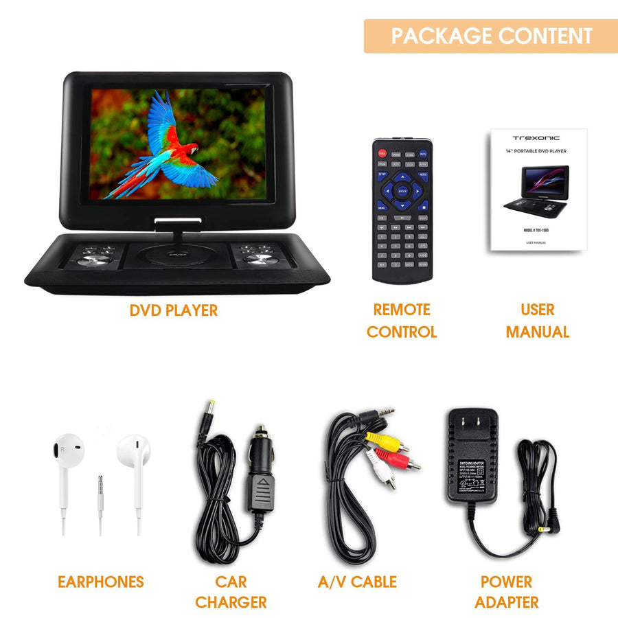 Trexonic 14.1 inch Portable DVD Player with Swivel TFT-LCD Screen, USB/SD/AV Inputs and Car Adapter