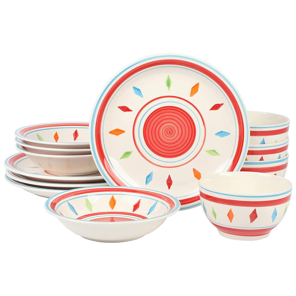 Gibson Home Heidy 12 Piece Hand-Painted Durastone Dinnerware Set in Red