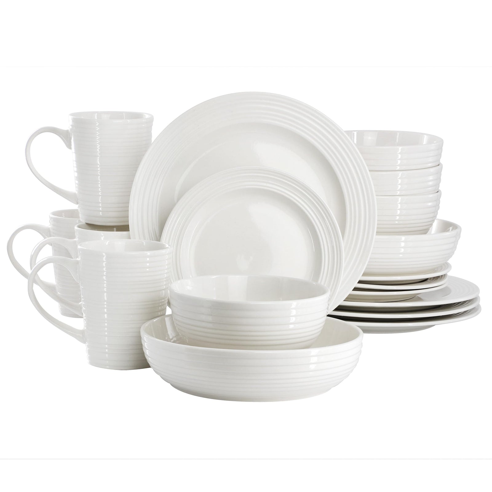 Elama Nikki 18-Piece Ribbed White Porcelain Dinnerware and Serving Set, Service for 4
