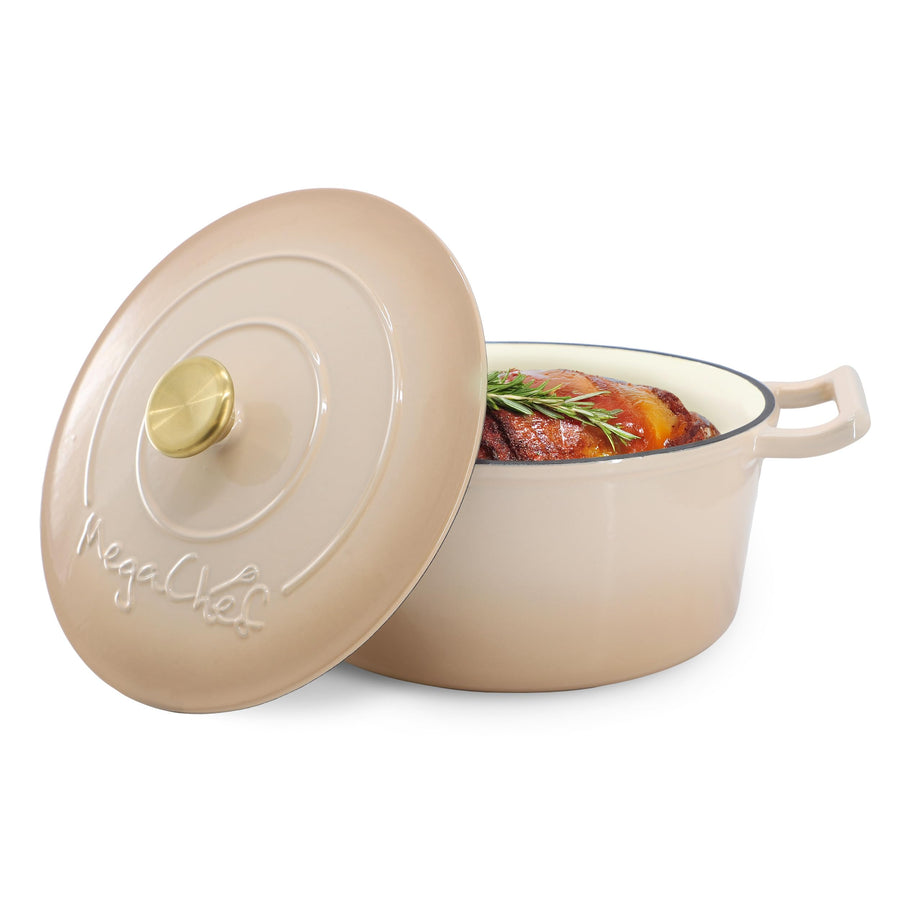 MegaChef 5.3 Quart Round Enameled Cast Iron Casserole with Self-Basting Lid, Peanut Butter