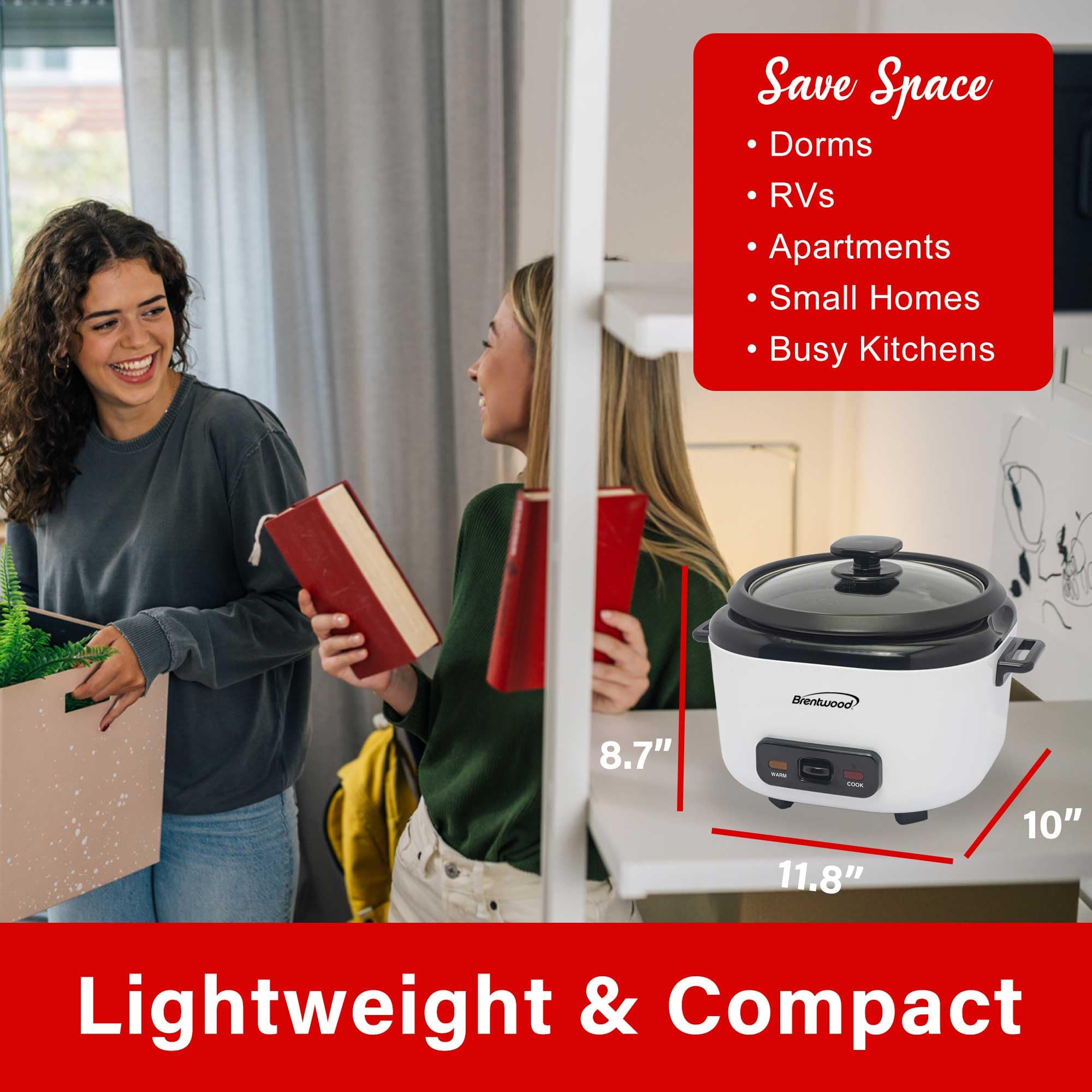 Brentwood TS-600S White Rice Cooker and Food Steamer with Steam Tray, 10 Cups Cooked