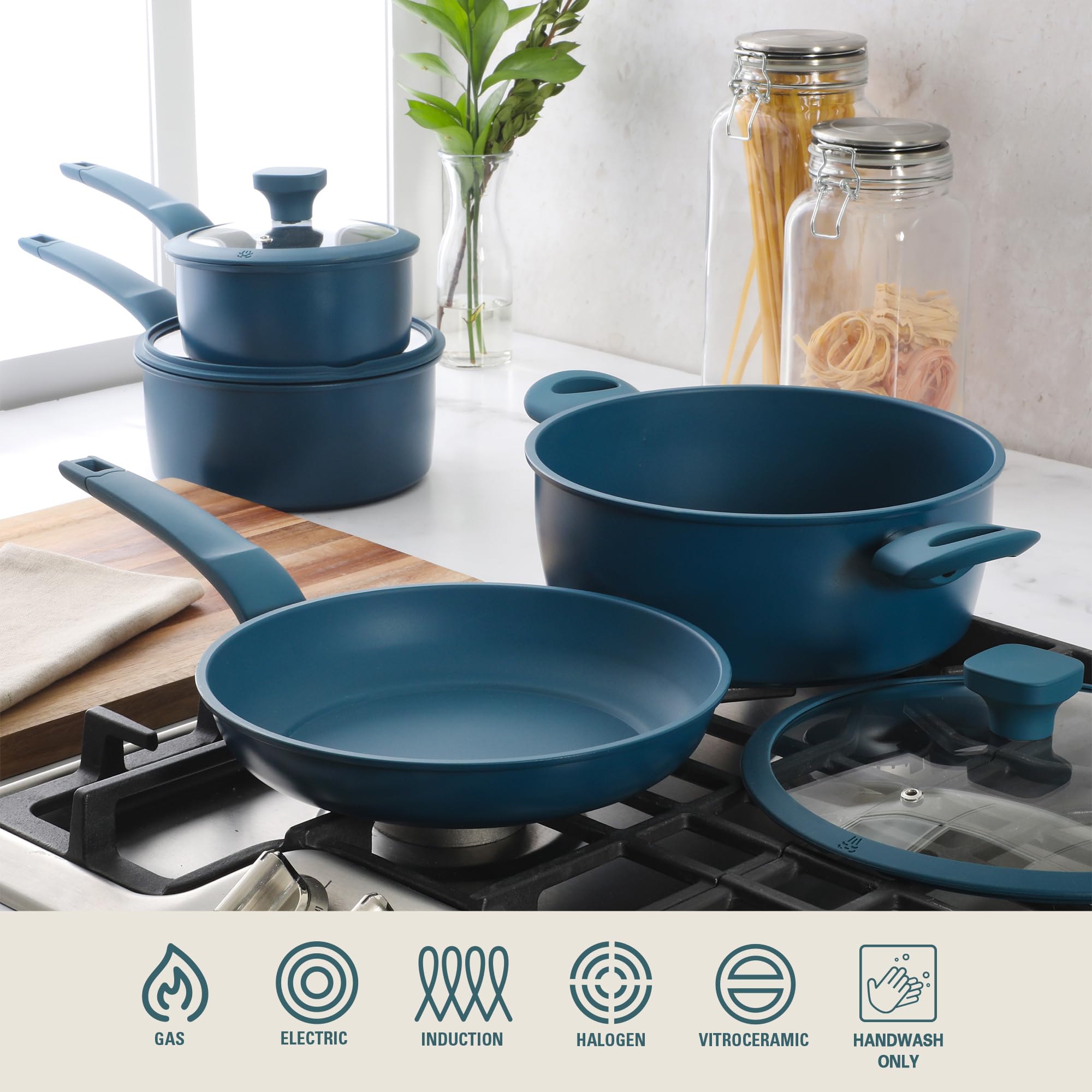 Gibson Home Helensburgh 7-Piece PFA-Free Ceramic Nonstick Carbon Steel Cookware Set - Blue