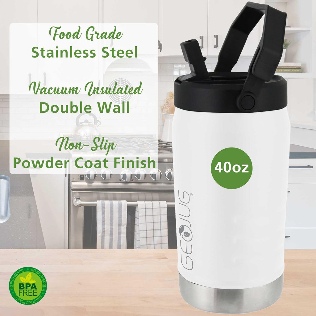 Brentwood GeoJug G-1200CRM 40oz Stainless Steel Vacuum-Insulated Water Jug, Cream - Straw Lid, Carry Handle & Fence Hook