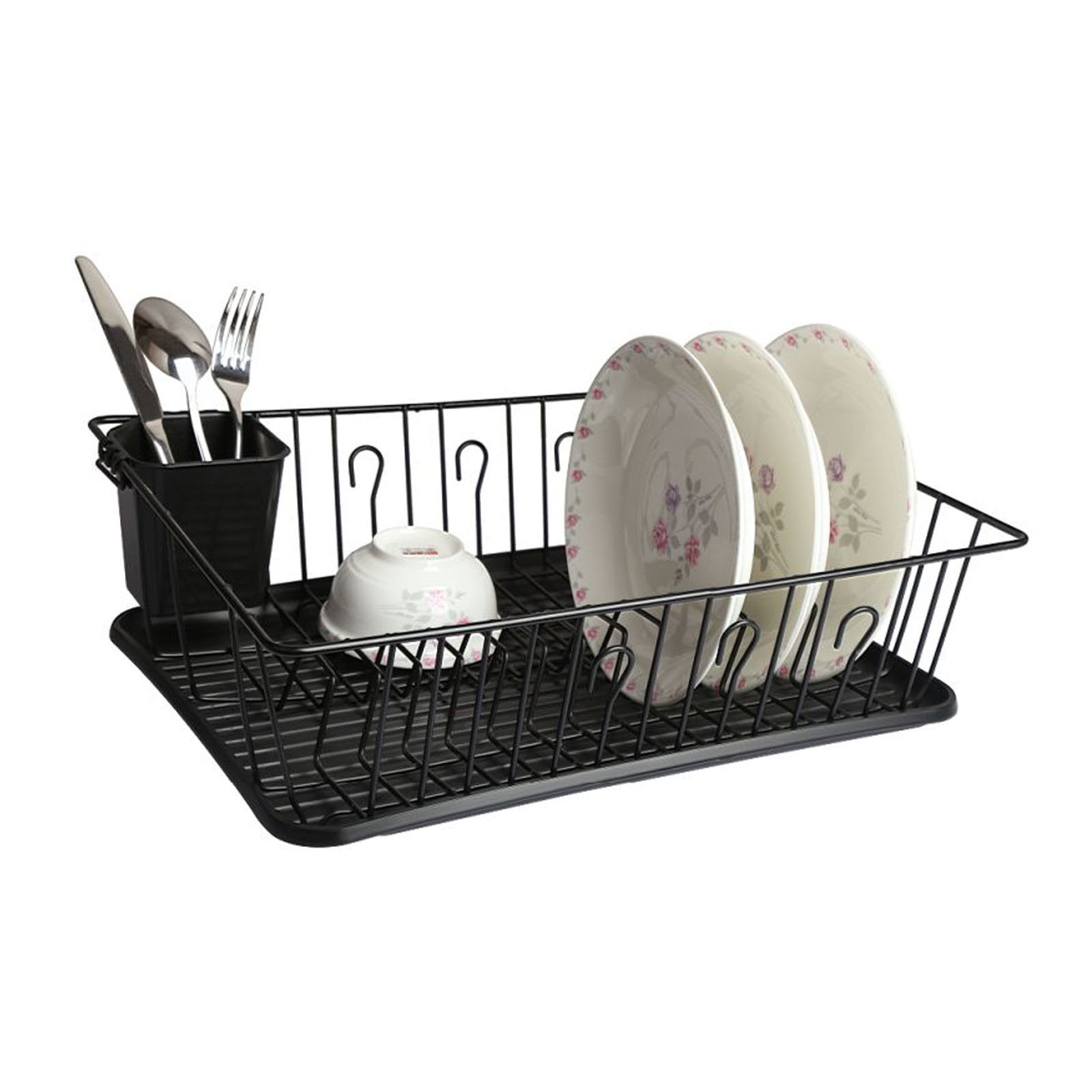 MegaChef 17.5-Inch Countertop Dish Drying Rack, Black, 14 Plate Positioners, 6 Cup Hooks & Detachable Utensil Holder