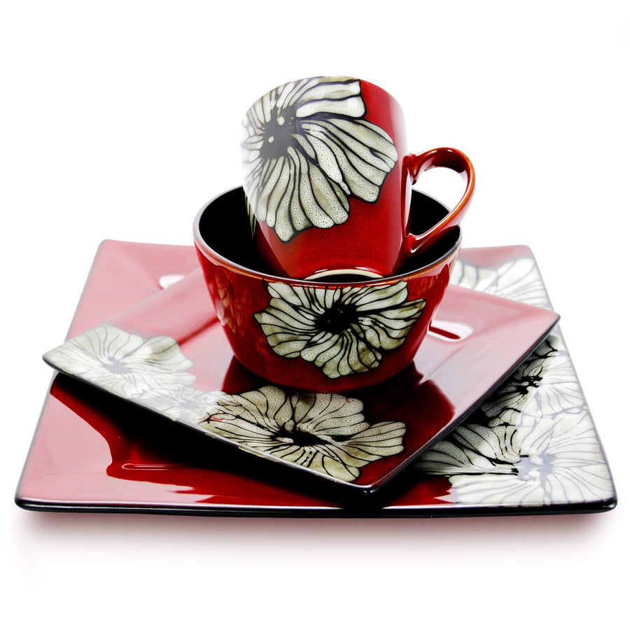 Elama Winter Bloom 16-Piece Red Square Stoneware Dinnerware Set - Service for 4