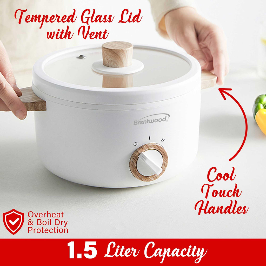 Brentwood 1.5-Liter Multi-Function Electric Hot Pot Cooker with Steamer, White