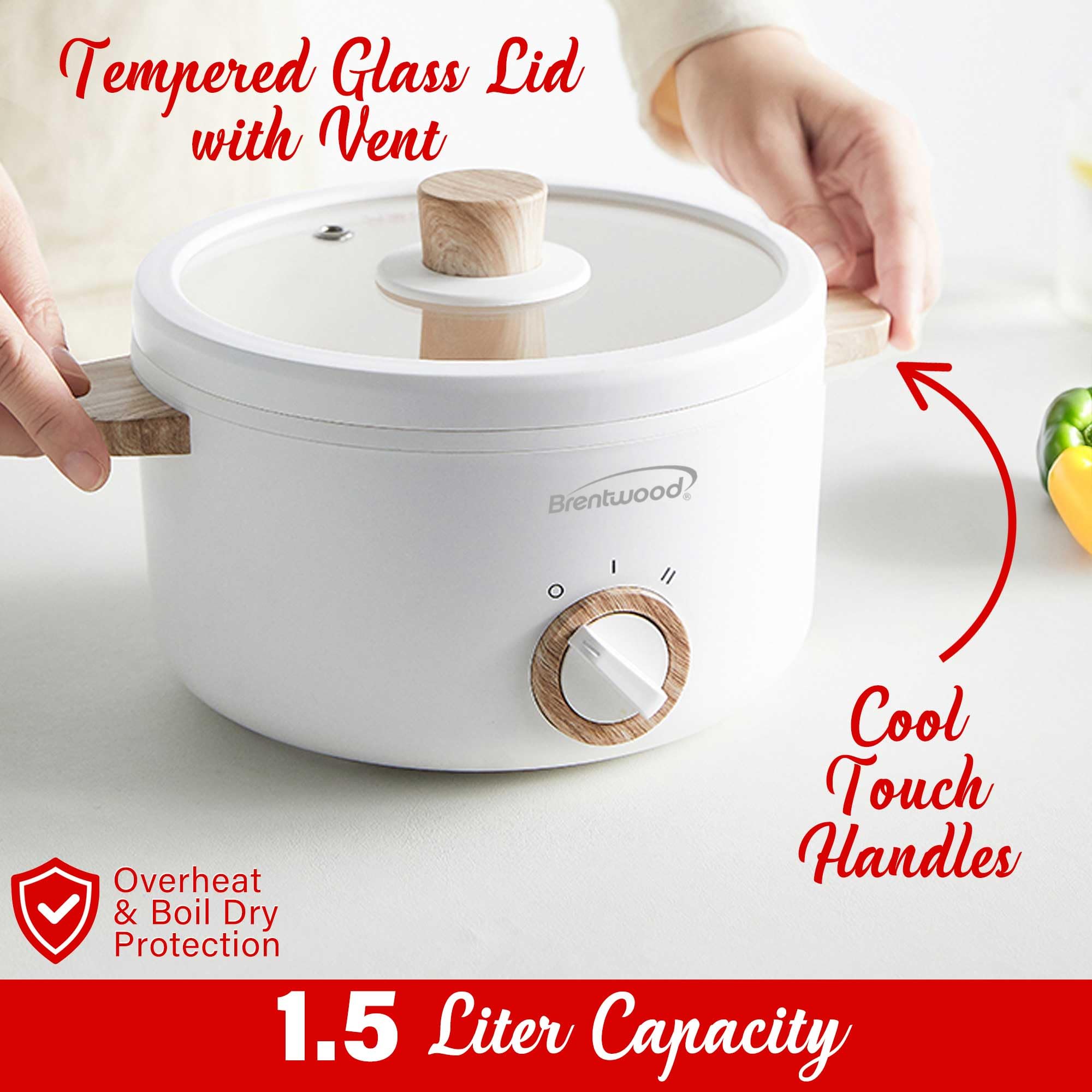 Brentwood 1.5-Liter Multi-Function Electric Hot Pot Cooker with Steamer, White
