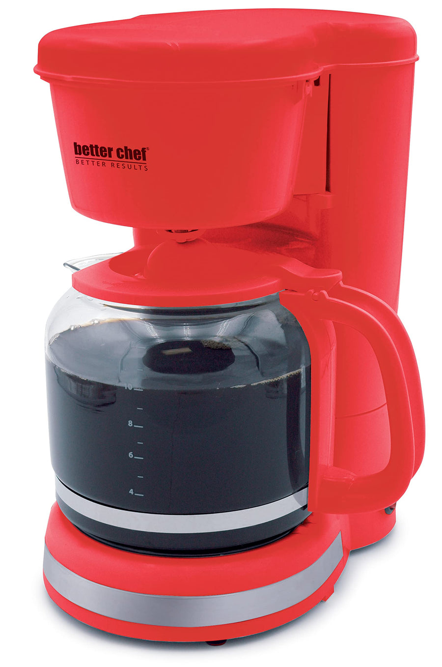 Better Chef IM-117R 12-cup 900-watt drip coffee maker in red with glass carafe, brushed metal trim, and lighted on-off switch
