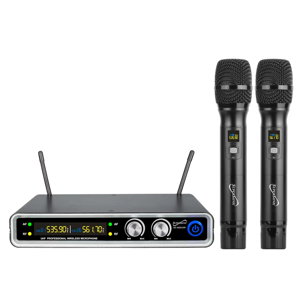 SuperSonic SC-920UHF black dual-channel UHF wireless microphone system with two handheld dynamic mics and receiver