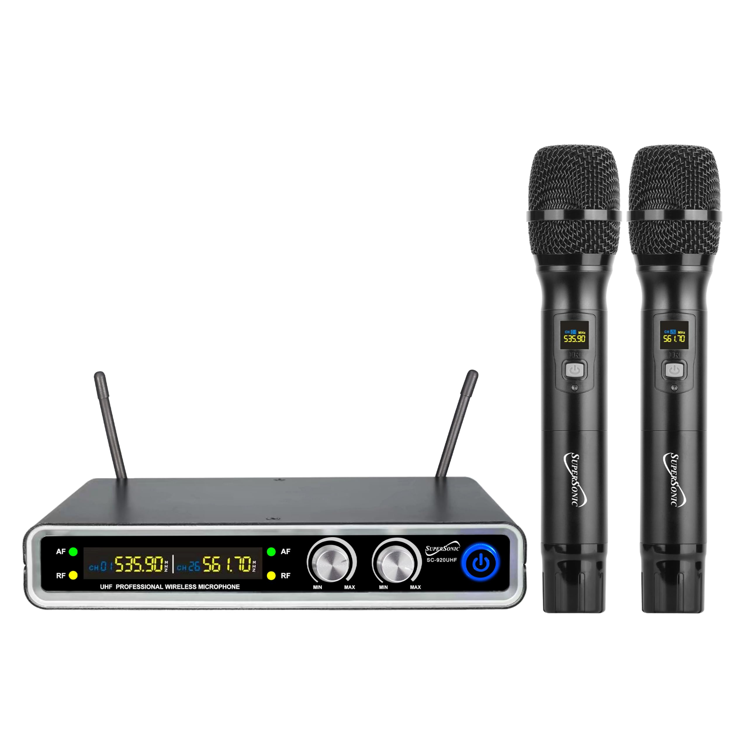 SuperSonic SC-920UHF black dual-channel UHF wireless microphone system with two handheld dynamic mics and receiver