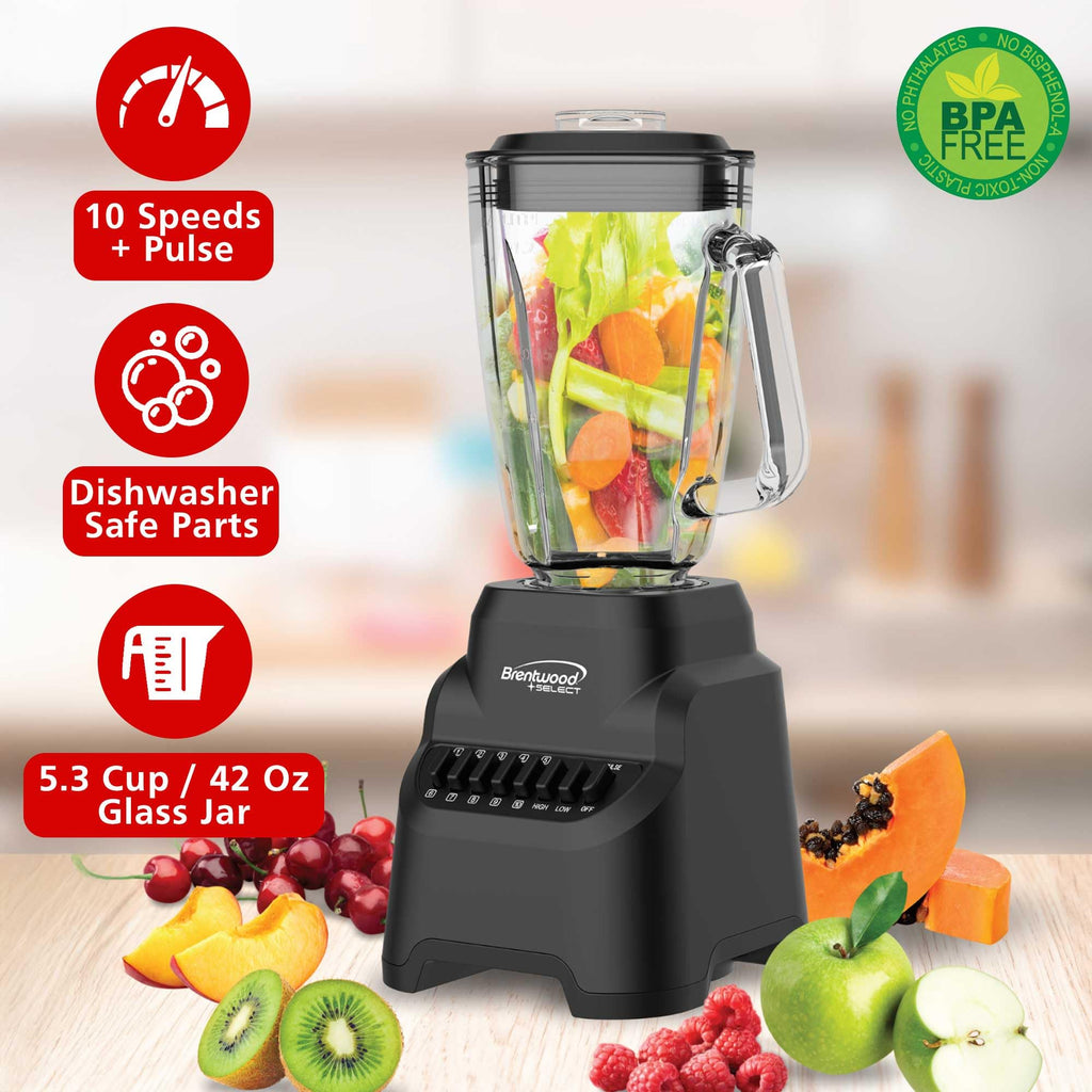 Brentwood Select JBS-500BK 500W 10-Speed Countertop Blender with 42oz Glass Jar, Black - Pulse Button, Dishwasher-Safe Parts