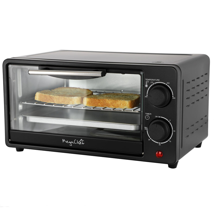 2-Slice Toaster Oven, 9.5 Qt, 800W with Bake, Broil, Toast and 30-Minute Timer, Matte Black, by MegaChef