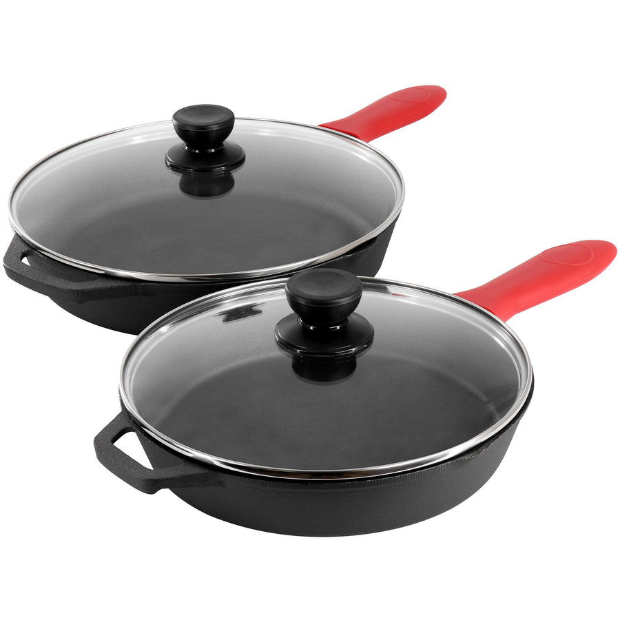 MegaChef 13-Piece Pre-Seasoned Cast Iron Skillet Set with Tempered Glass Lids & Silicone Handle Holders