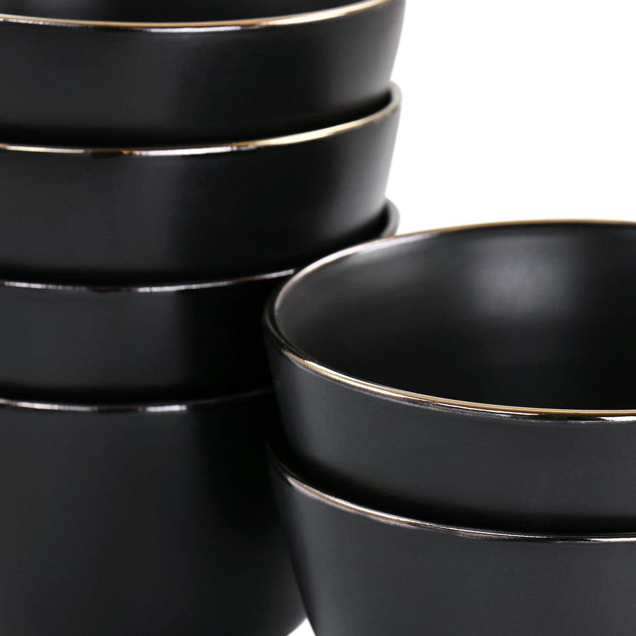 Elama Paul 6 Piece Stoneware Bowl Set in Matte Black with Gold Rim