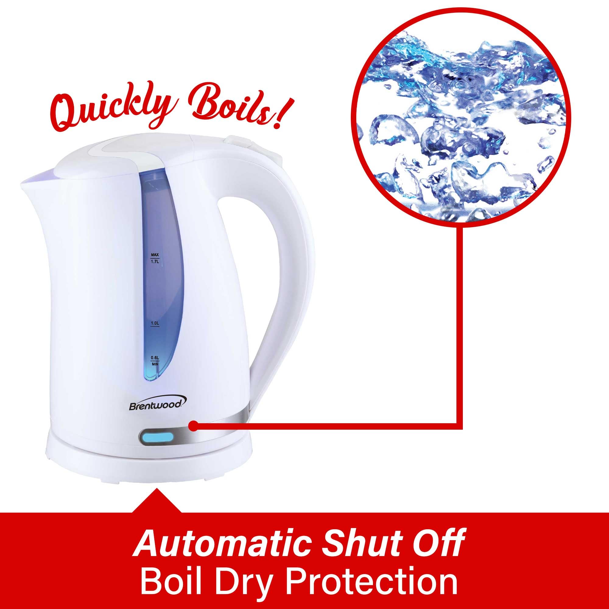 Brentwood 1.7 Liter 1100W Cordless Electric Kettle with Stainless Heating Element, White